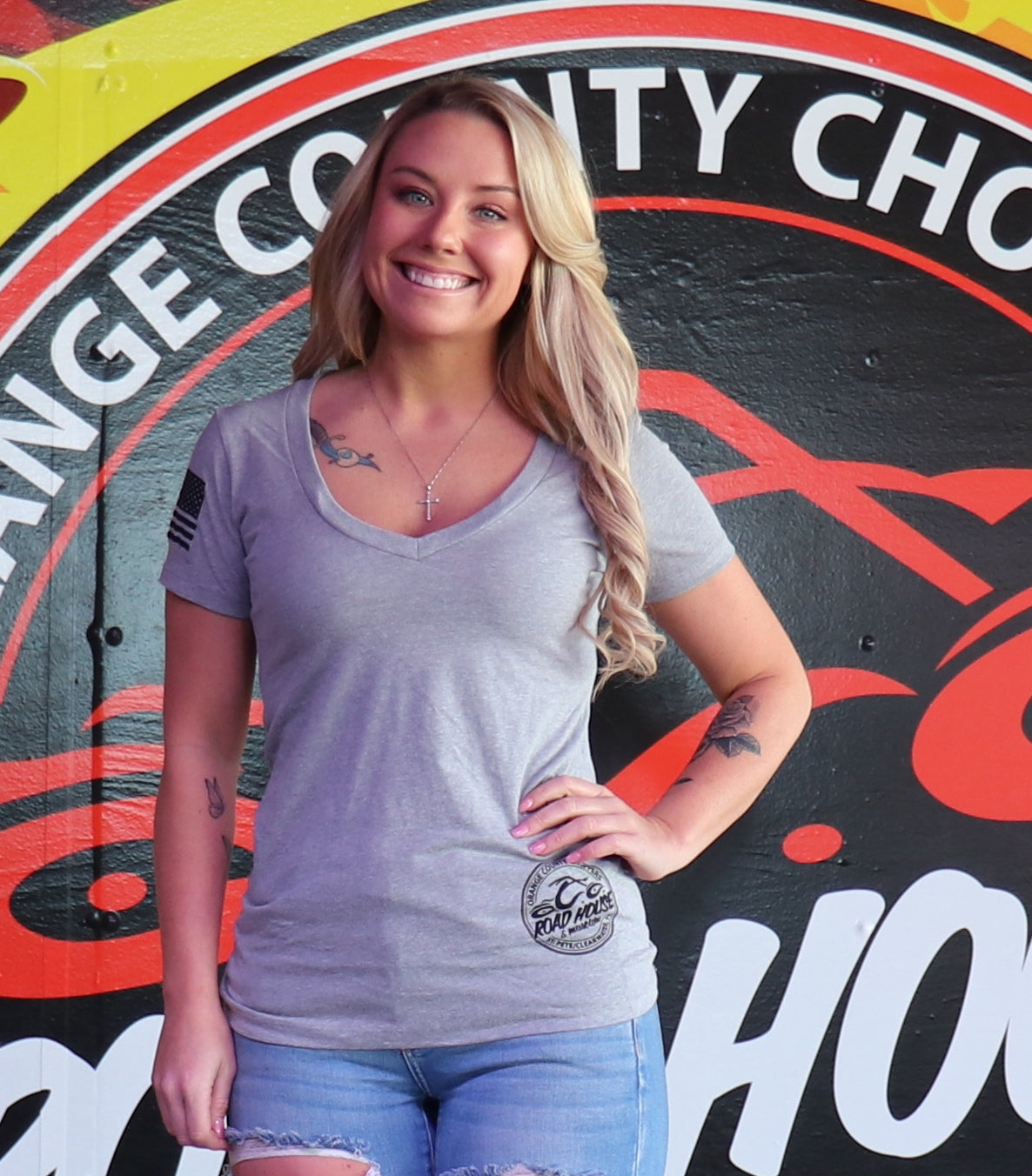 OCCRH- Ladies Heather Grey Black Logo V-Neck
