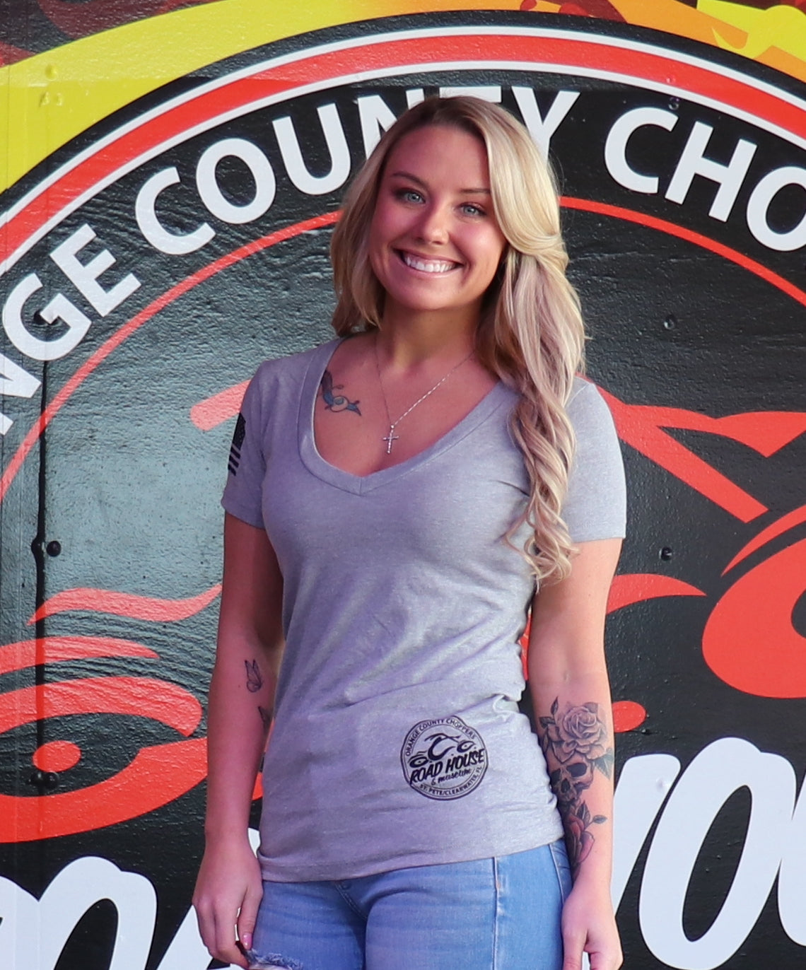 OCCRH- Ladies Heather Grey Black Logo V-Neck