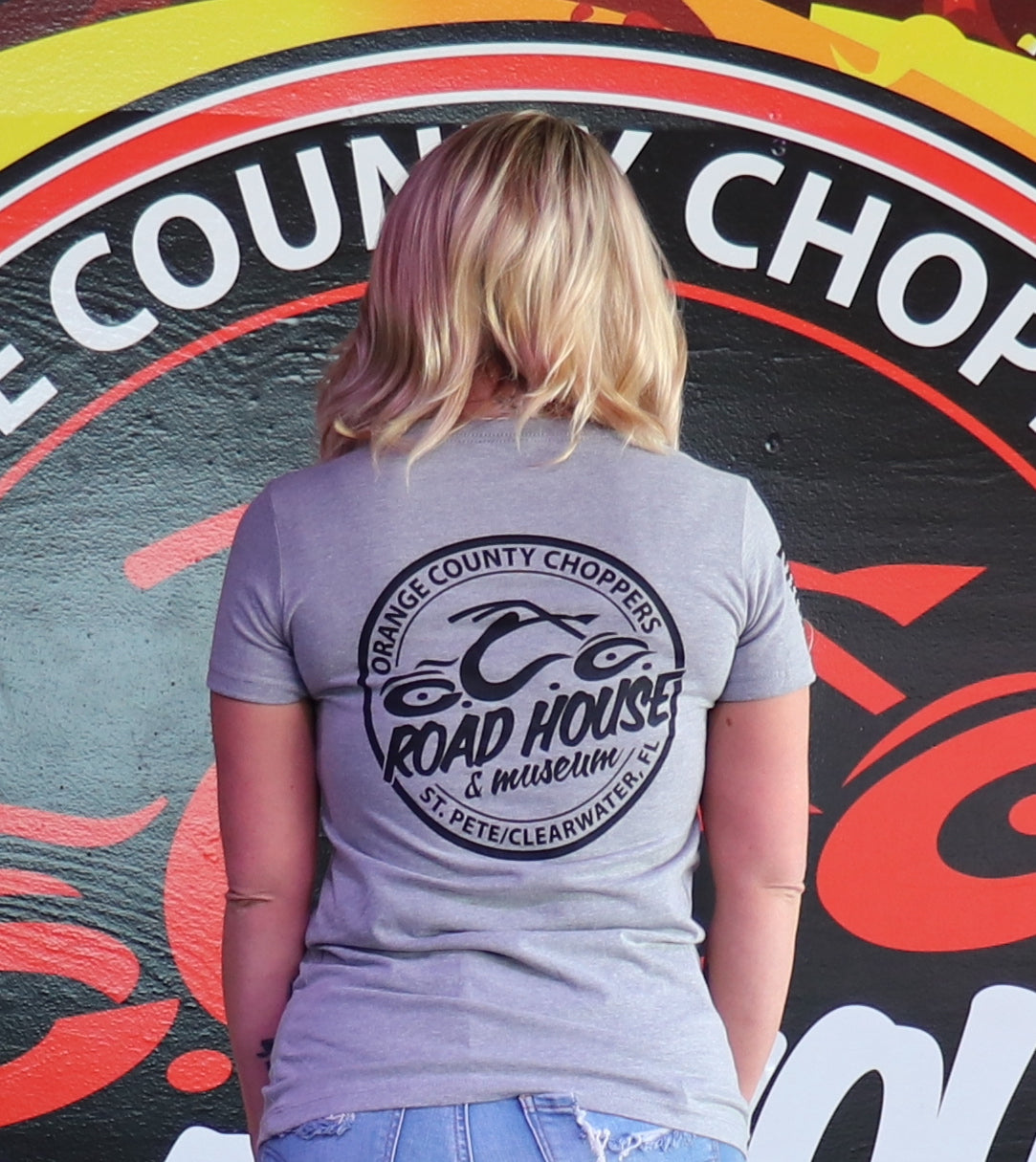 OCCRH- Ladies Heather Grey Black Logo V-Neck
