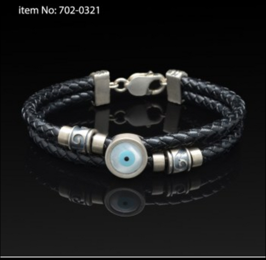 AXION- Lucky Eye Motif, Braided Black Leather Bracelet
